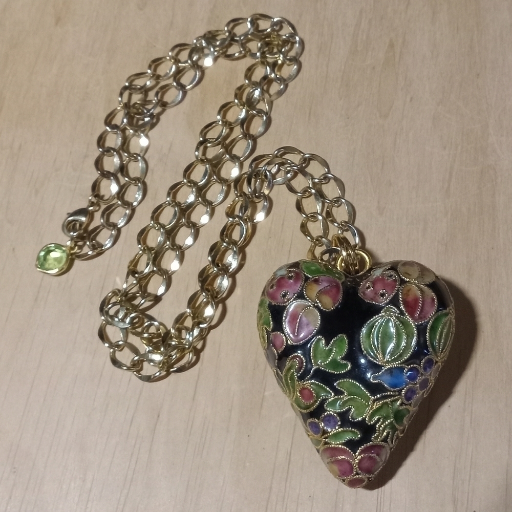 * vintage HUGE cloisonne puffy heart pendant on gold tone 28" chain